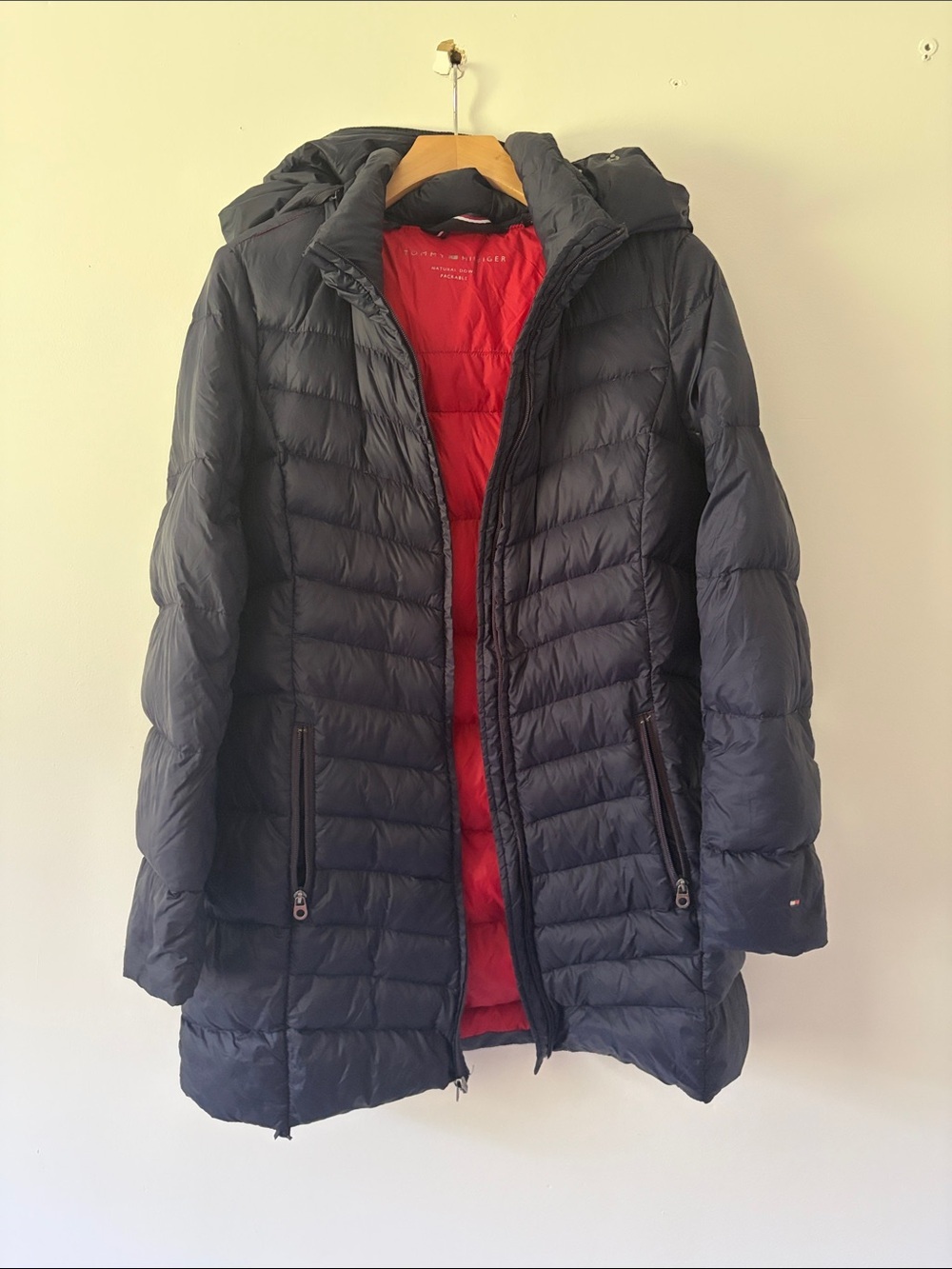 Tommy Hilfiger Women’s Quilted Hooded Puffer Coat - Navy Blue w/Red Lining